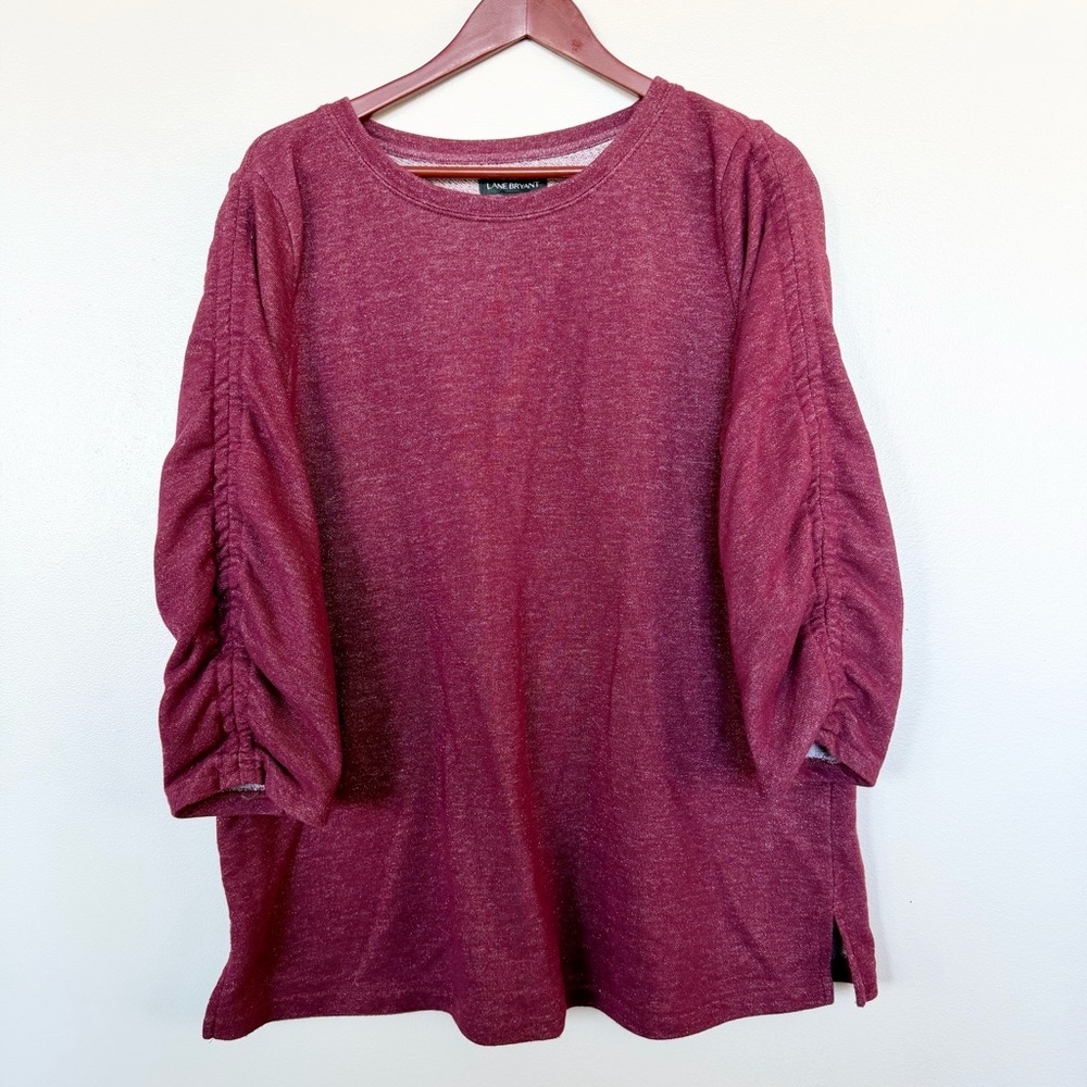 LANE BRYANT Shimmer Wine Knit Top Pullover Ruched Scrunched Sleeve Size 18/20